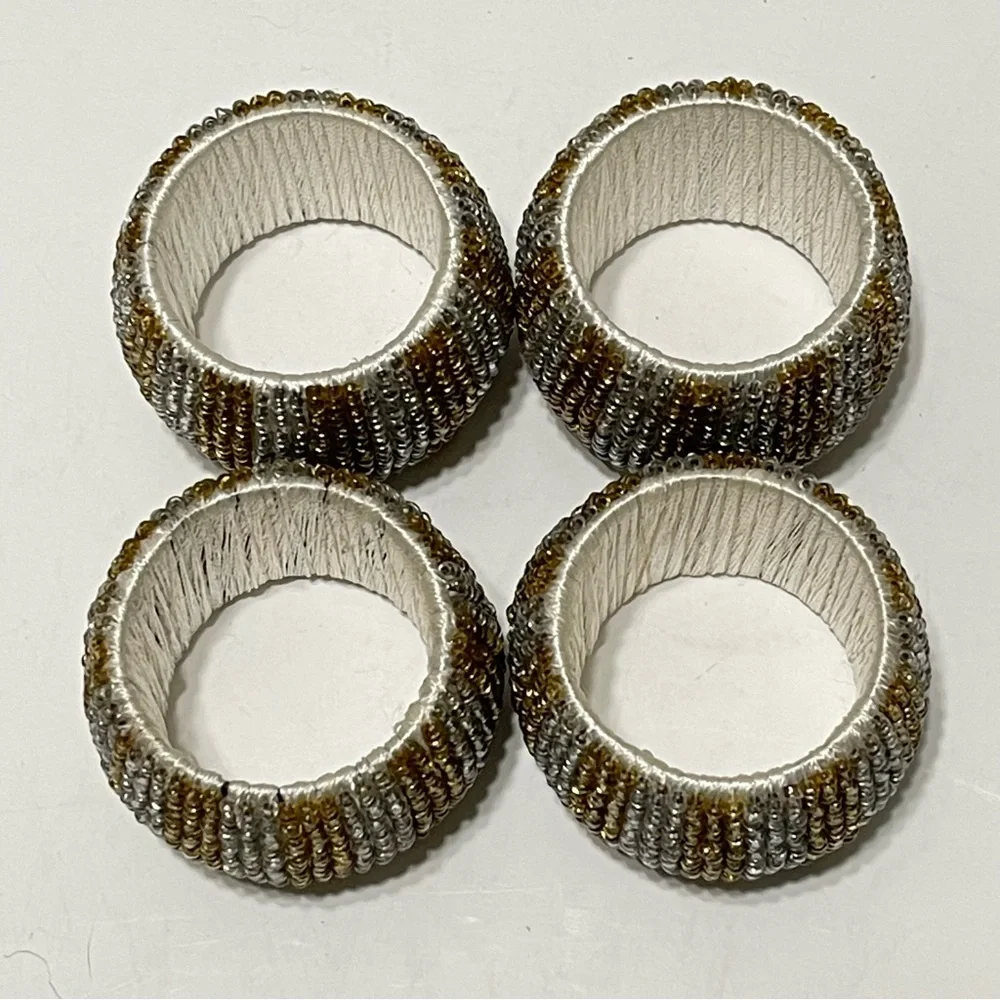 Pier 1 Seed Beaded Napkin Rings Gold & Silver Festive Elegant Fancy Formal 4 Set
